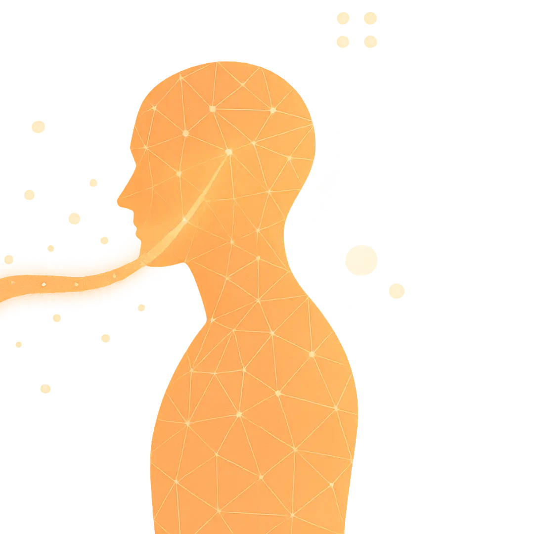 Illustration : connexion entre humain et IA (flux lumineux corail)